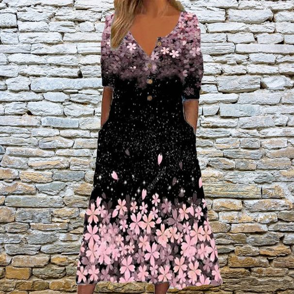 Women Stylish Casual Maxi Dress Relaxed Loose‑Fit Silhouette With V‑Neck, Convenient Pockets & Trendy All‑Over Print_ecoleips.com