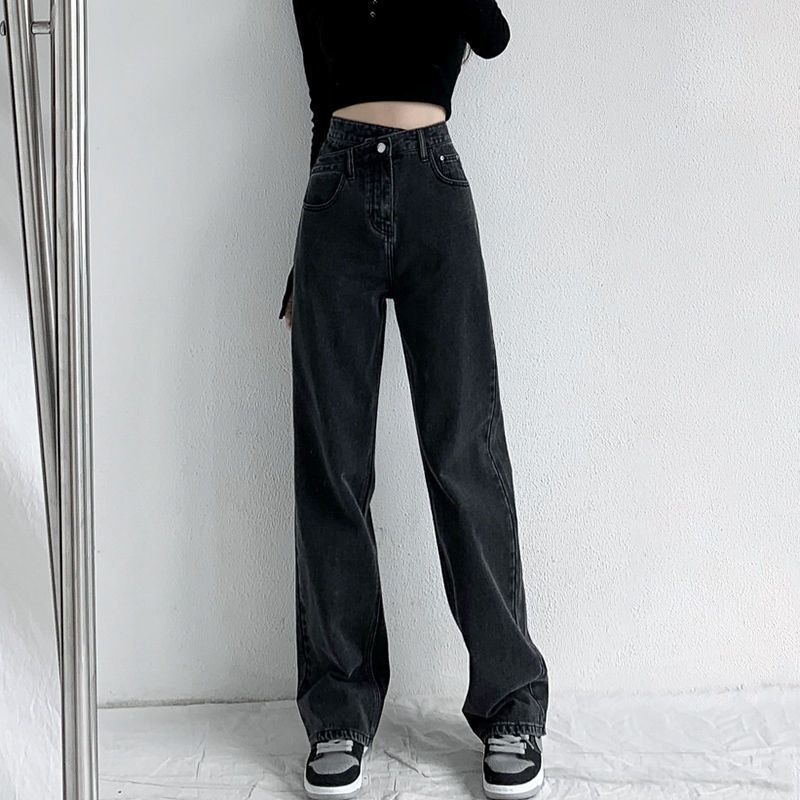 Women's Clothing High-Waisted Straight Leg Jeans Slimming Crossover Design Floor-Length Wide Leg Trousers Loose Fit Summer Style Denim_ecoleips.com