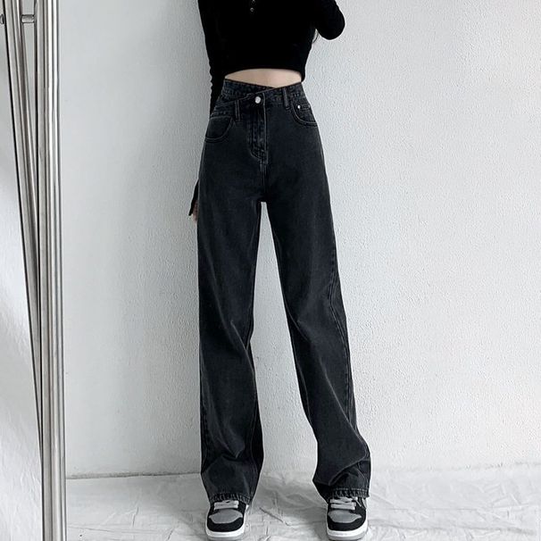 Women's Clothing High-Waisted Straight Leg Jeans Slimming Crossover Design Floor-Length Wide Leg Trousers Loose Fit Summer Style Denim_ecoleips.com