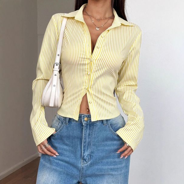 Women's Sexy Casual Versatile V Neck Striped Long Sleeve Shirt Top European American Style_ecoleips.com