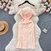 European And American Resort-style Floral Print Strap Beach For Women, French-style Pleated, Tie-waist, High-waisted,_ecoleips.com