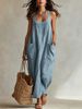 Women's Summer Cotton Linen Long Dress Temperament Casual Style with Pockets Suspender Design_ecoleips.com
