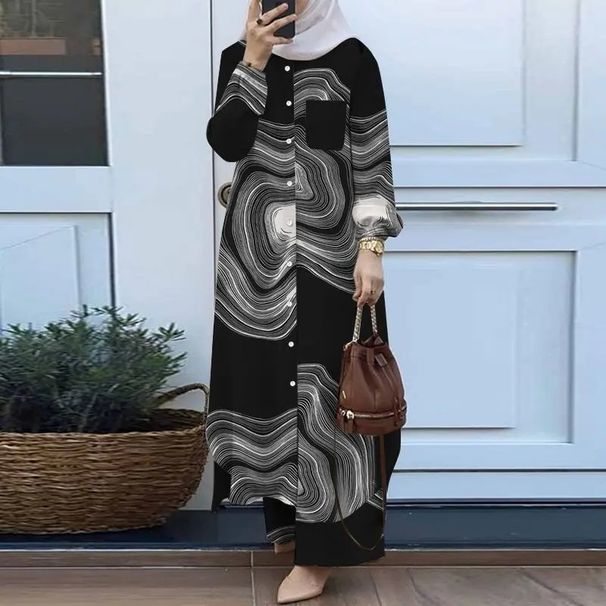 Women's Fashion Printed Robe Suit Women's Long-sleeved Button-down Shirt And Trousers Two-piece Suit_ecoleips.com