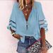2022 New European American V-neck Zipper With Half Bell Sleeves And Mesh Splicing, Loose Casual Shirt For Women_ecoleips.com