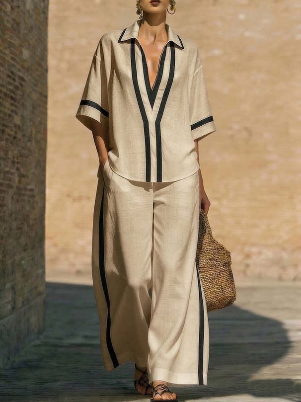 Women's Clothing Women's Fashion Loose Casual Color Block Short Sleeve Shirt And Wide Leg Pants Two-Piece Set_ecoleips.com