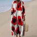 Elegant Long Sleeve Shirt Dress With 3D Floral Print, V-Neck A-Line Dress For Women, Casual Loose Fit Dress, Acetate Satin Blend Fabric_ecoleips.com
