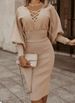 Women's Knitted One Piece Dress Ruffled Puff Sleeve Commuter Style Dress_ecoleips.com