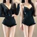 Women's Slimming One Piece Swimsuit Long Sleeve Solid Color Conservative Fitted With Underwire For Hot Springs Two Piece Design_ecoleips.com