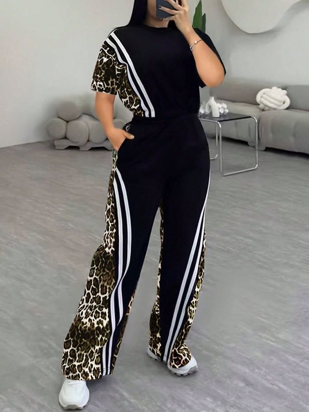 Leopard Print High Waisted Straight Leg Pants And Casual Short Sleeve T-Shirt Women's 2 Piece Set Comfortable Versatile Outfit_ecoleips.com