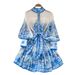 Women's Clothing Spring New Dress For Women With Tie Waist Stand Collar Lantern Sleeves Single Breasted Waist Ruffled Printed Skirt_ecoleips.com