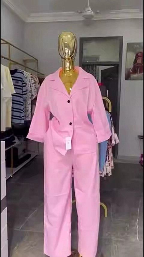 Women's Pink Two Piece Set Casual Fashion 2026 American Style High Waist Straight Leg Pants And Collar Top Ensemble_ecoleips.com