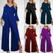 Women's Clothing Women's Slit Sequin Solid V Neck Basic Business Elegant Wide Leg Loose Sleeve Bell Sleeve Jumpsuit_ecoleips.com