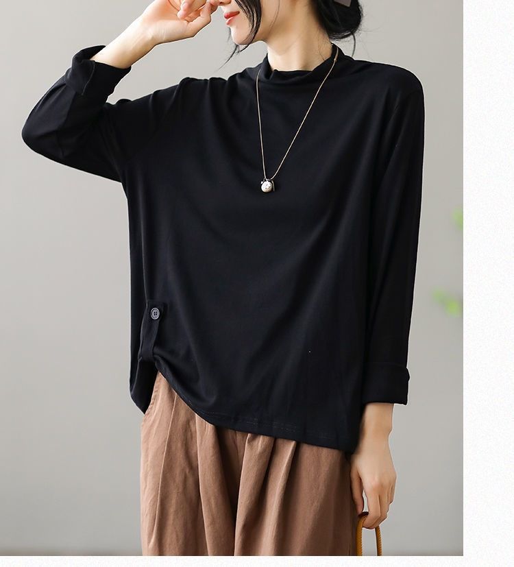 Black High-Necked Base Layer Shirt For Spring/Autumn Season; Women's Long-Sleeved T-Shirt With A Fitted, Solid-Color Des_ecoleips.com