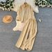 Fashionable Women's Casual Autumn Outfit Set - Loose Fit Rhinestone Long Sleeve Shirt & High Waist Wide Leg Pants_ecoleips.com