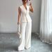 Elegant Solid Color Vest & Straight Pants Set - Polyester, Sleeveless, Button Detailing, Beige/Brown, S-XL"_ecoleips.com