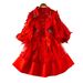 Slimming Lace Midi Dress European American Style Design Niche Mesh Patchwork Rhinestone Embellished Lapel Lantern Sleeves Waist Cinching_ecoleips.com