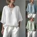 Women's Clothing Solid Color Comfortable Linen Top For Women Round Neck Drop Shoulder Loose Fit Slimming Plus Size_ecoleips.com