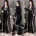 Women's Slim Fit Two Piece Set With Wide Leg Pants Casual Sports Style Long Sleeve Top Autumn Fashion Polyester Faux Leather_ecoleips.com