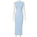 Summer Blue Solid Color Women's Dress Sleeveless Slim High Waist Slit Wholesale Polyester European American Style 2025_ecoleips.com
