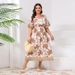Women’s Clothing Large Size V Neck Dress Trumpet Sleeve Fashion Print Elastic Waist Long Dress_ecoleips.com