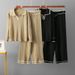 Women's High Waist Knitted Two-Piece Suit - Lapel Contrast Casual Pant Set For Spring & Autumn_ecoleips.com