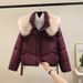Women's Short Cotton Jacket With Large Fur Collar – Petite Winter Coat (Black/White/Espresso/Violet)_ecoleips.com