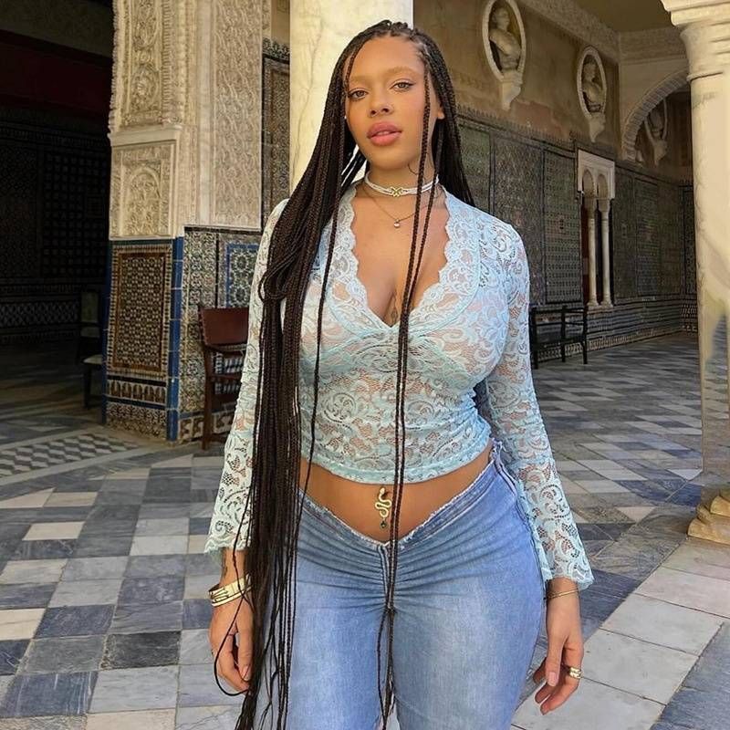 Women's Clothing Spring And Summer New Hot Girl Pure Lust Style Tops Sexy Slim Lace V Neck Trumpet Sleeves_ecoleips.com