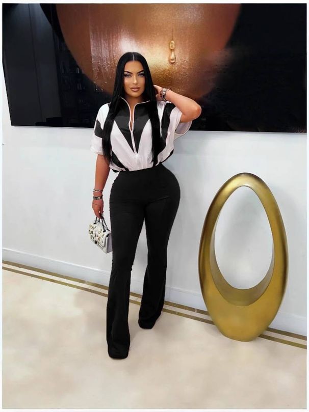 Women's Clothing Women's Stylish Zip-Up Jumpsuit With Color Blocking - Batwing Sleeves & Flared Pants - Lightweight Polyester Casual & Office Wear_ecoleips.com