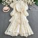 "Elegant Stand-Up Collar Floral Embroidery Dress With Lantern Sleeves & Tie Waist – Vintage-Inspired Long Dress For Women"_ecoleips.com