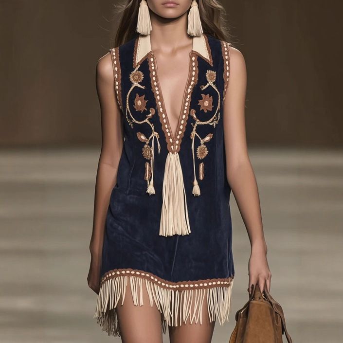 Bohemian Suede Fringe Mini Dress – Navy Blue Embroidered Sleeveless Shift Dress (S-Xxxl, Polyester, Retro Chic)_ecoleips.com