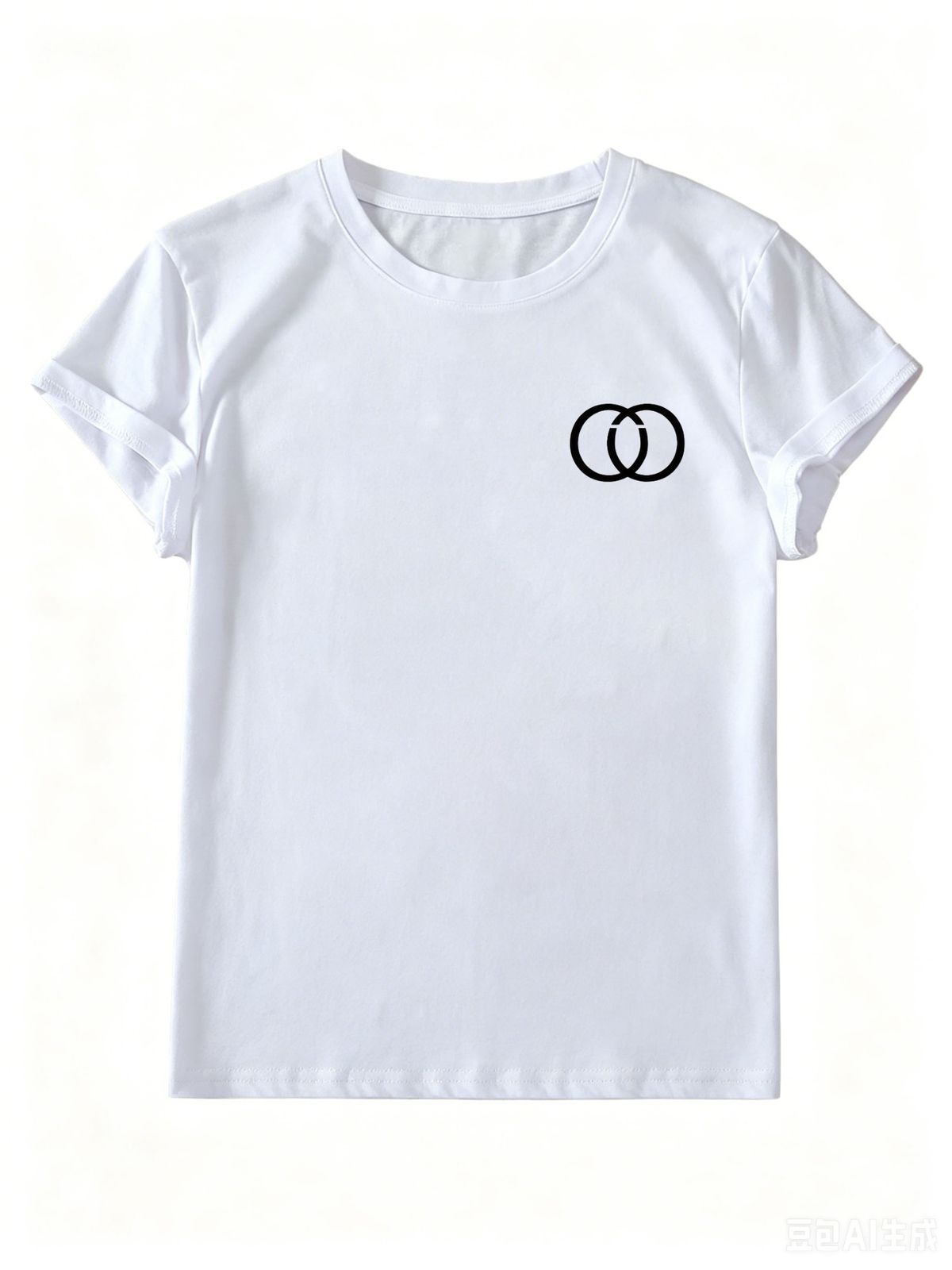 Minimalist Interlocking Circles Print White T-Shirt, Women's Casual Cotton Short Sleeve Tee_ecoleips.com