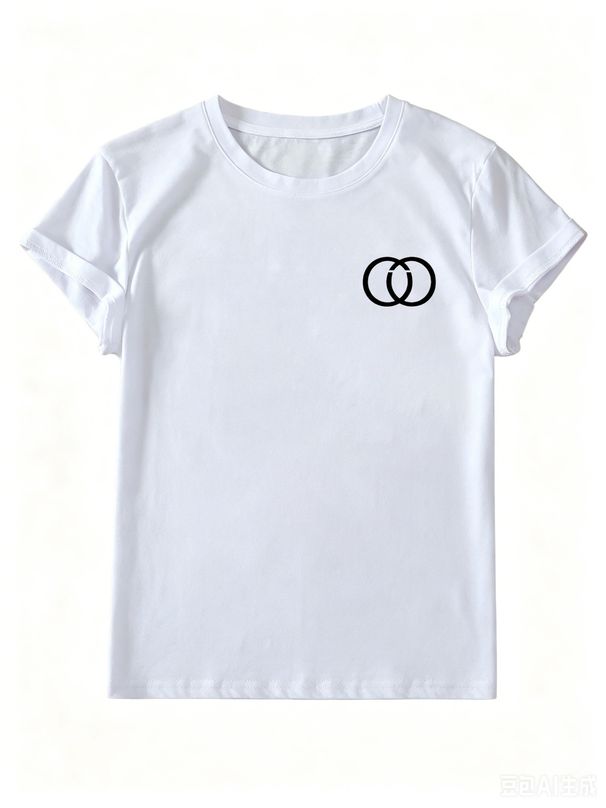 Minimalist Interlocking Circles Print White T-Shirt, Women's Casual Cotton Short Sleeve Tee_ecoleips.com
