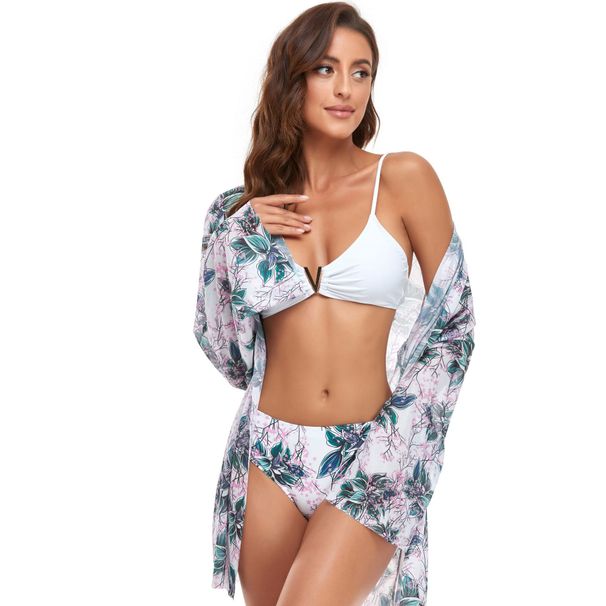 European American Style Bikini Swimsuit Amazon Best Selling Three Piece Deep V Neck Printed Cover up Sexy Vacation Polyester_ecoleips.com