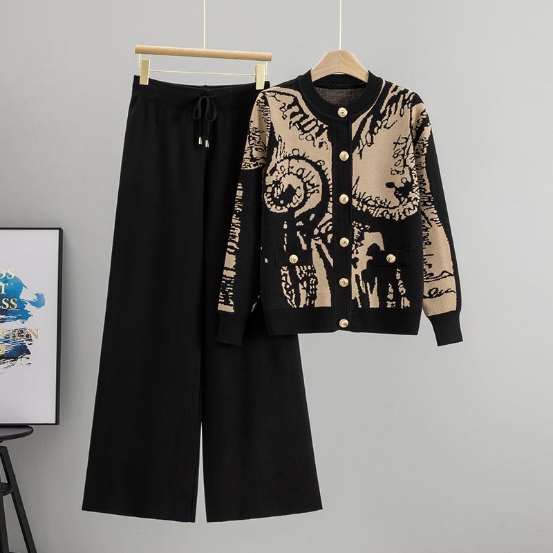 Effortless Elegance Women's Two-Piece Set – Knit Cardigan With Wide-Leg Pants & Metallic Buckle Detail (Brown/Bluish/Black, One Size Fits Most)_ecoleips.com