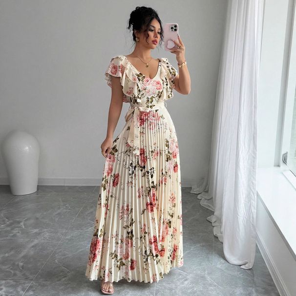 Voya Hot Selling Women's V-neck Digital Floral Print Vacation Ruffle Waist A-line Elegant Romantic Women's Dress_ecoleips.com