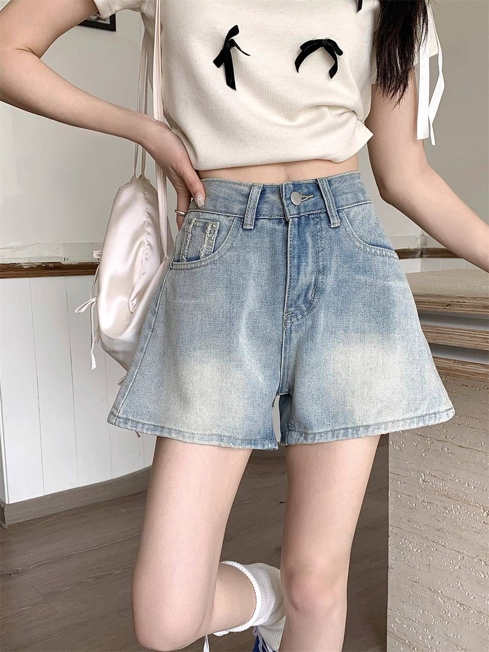 2025 New Port Style Blue High-waisted Straight Leg Jeans For Women Plus Size Slim Wide Leg Hot Pants Shorts Summer_ecoleips.com