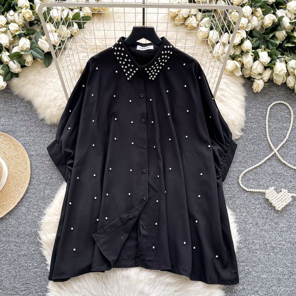 Women's Clothing Fashionable Tops Heavy Diamond Studded Polo Collar Bat Sleeves Single Breasted Loose Casual Shirts_ecoleips.com