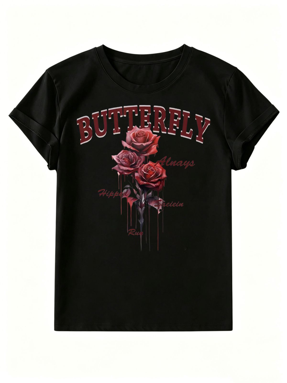 Women's Ink Rose T-shirt, Pure Cotton, Versatile Short-Sleeve For Commute_ecoleips.com