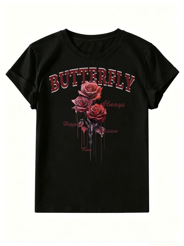 Women's Ink Rose T-shirt, Pure Cotton, Versatile Short-Sleeve For Commute_ecoleips.com