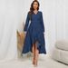 Plus Size Denim Maxi Dress With V-Neck & Tie-Waist, Long Sleeve Bodycon Dress With Asymmetrical Hem For Women_ecoleips.com