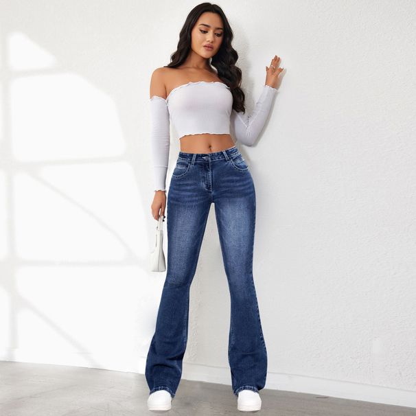 Cross-Border European And American Women's Fashion Flared 2024 Summer New Vintage Washed Stretch Long Jeans_ecoleips.com