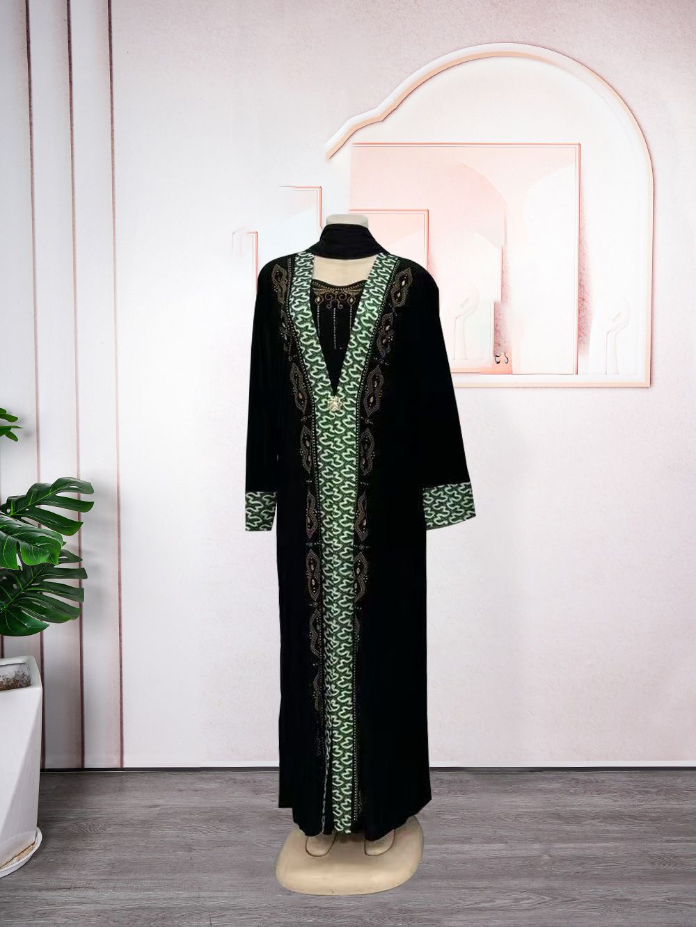 New Muslim Dress Fashion Slim Fit Rhinestone Long Sleeve Robe Two-Piece Set_ecoleips.com