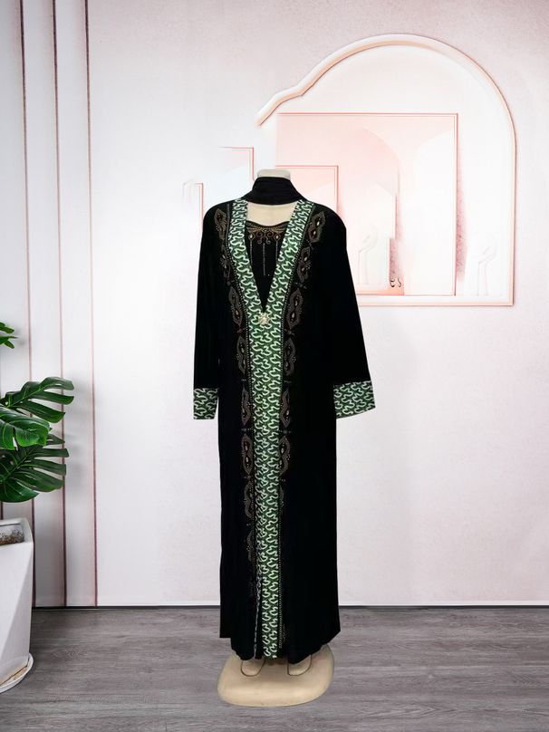 New Muslim Dress Fashion Slim Fit Rhinestone Long Sleeve Robe Two-Piece Set_ecoleips.com