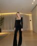 Women's Clothing Diamond Velvet Square Collar Long Sleeve High Waist Slim Flared Jumpsuit_ecoleips.com
