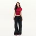 Red Short-sleeve T-shirt For Women, Summer Straight-shoulder, Slim-waist Spicy Girl Solid-color T-shirt_ecoleips.com