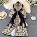 Women's Clothing High Grade Retro Palace Style Celadon Print Waist Slimming Single Breasted A Line Dress Elegant Long Skirt_ecoleips.com