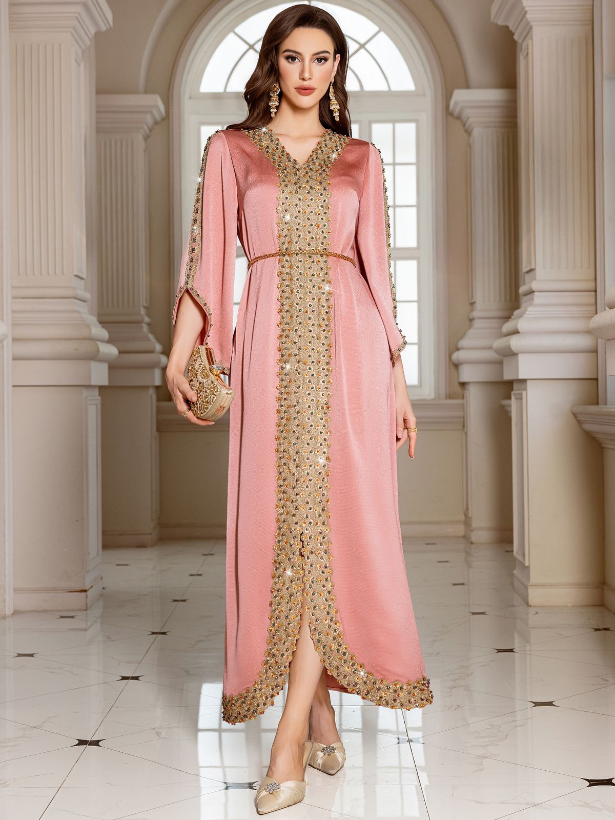 Modest Abaya Dress/Muslim Dress Women Luxury Muslim Evening Dress With Hand-Beaded Detailing – Coral Pink Modest Gown For Dubai & Special Occasions_ecoleips.com