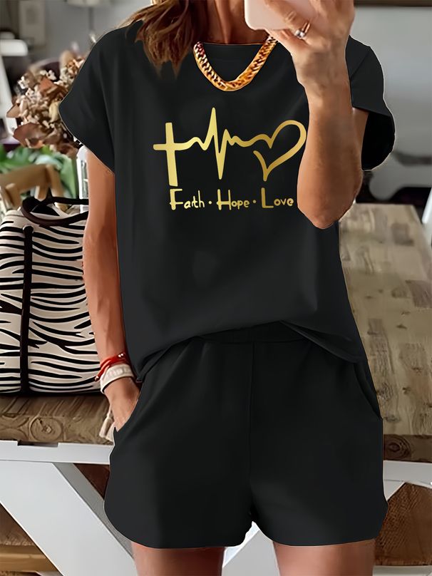 Summer New Black Letter Patterned T-shirt, Casual Printed Round Neck Short Sleeved Top With Elastic Waist Pocket, Women's Two-piece Set-288_ecoleips.com