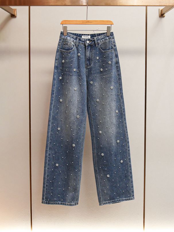 Women's Stylish Slimming Floral Beaded Short Jacket Straight Leg Denim Suit Spring New Arrivals Heavy Duty_ecoleips.com