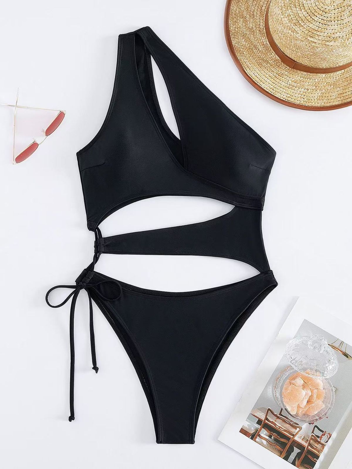 Women's Clothing Oblique Shoulder One Piece Swimsuit Sexy Conservative Solid Black One Shoulder Bikini_ecoleips.com
